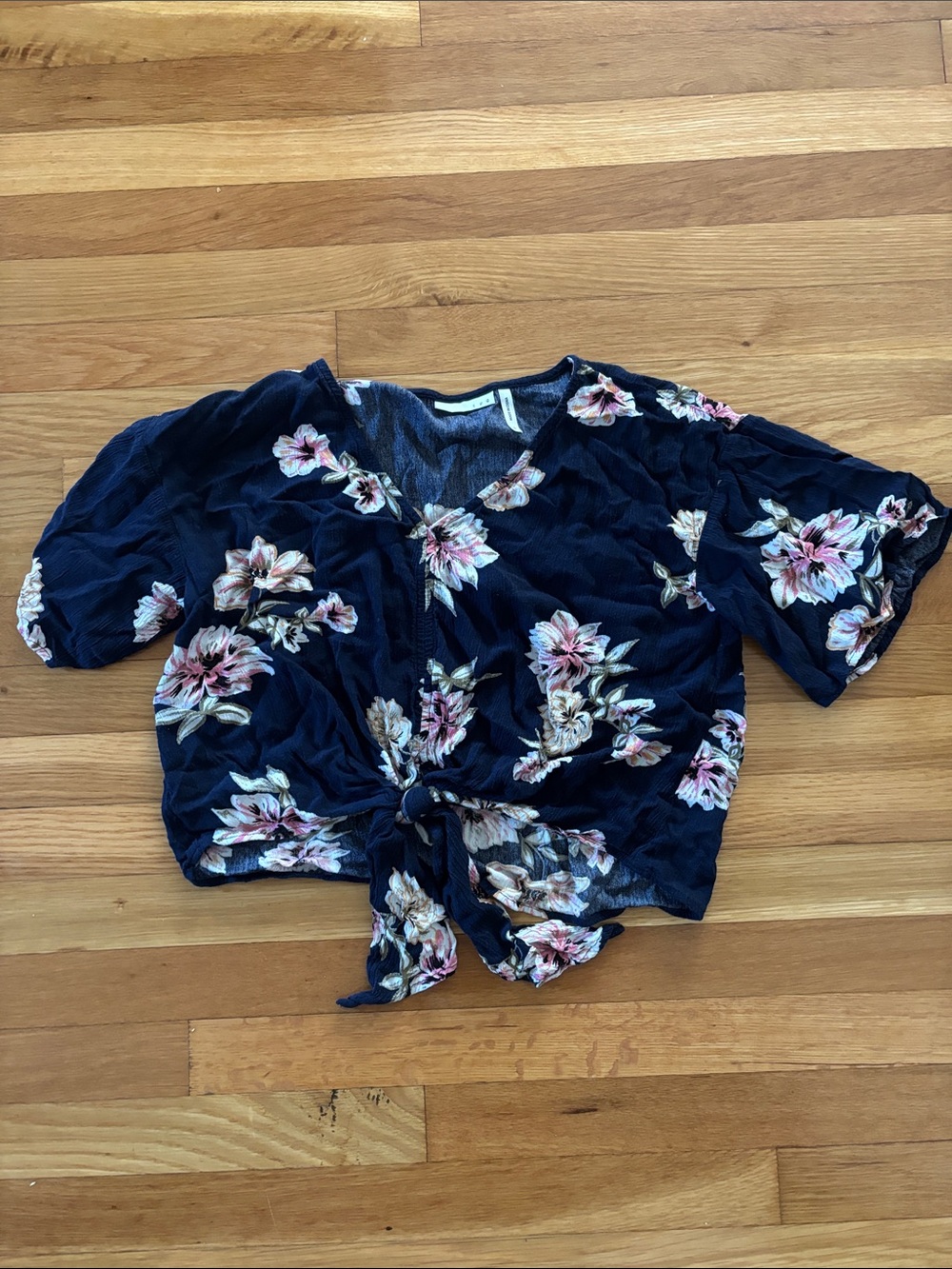 Navy Floral Tie-Front Crop Top